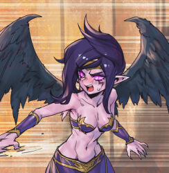 Rule 34 | 1girl, angry, bare shoulders, black hair, black wings, blush, breasts, collarbone, d:, detached sleeves, feathered wings, fingernails, league of legends, looking to the side, medium breasts, medium hair, morgana (league of legends), motion lines, navel, open mouth, phantom ix row, pink eyes, purple skirt, purple sleeves, sharp fingernails, shiny skin, skirt, solo, stomach, sweatdrop, teeth, upper teeth only, wings