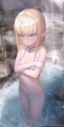Rule 34 | 1girl, absurdres, bikini, bingwei huang, blonde hair, blush, breasts, choker, closed mouth, commentary, commentary request, elf, highres, long hair, navel, original, partially submerged, pointy ears, small breasts, solo, standing, swimsuit, symbol-only commentary, twitter username, water, wet, white bikini, white choker