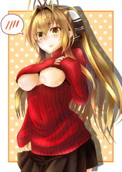 Rule 34 | 10s, 1girl, amagi brilliant park, antenna hair, black skirt, blonde hair, blush, border, breasts, clothing cutout, female focus, hand on own chest, kito (kito2), large breasts, long hair, meme attire, open-chest sweater, pleated skirt, polka dot, polka dot background, red sweater, ribbed sweater, sento isuzu, short sleeves, skirt, sleeves past wrists, solo, spoken blush, sweater, turtleneck, turtleneck sweater, underboob, underboob cutout, upper body, white border, yellow eyes