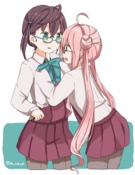 Rule 34 | 10s, 2girls, adjusting another&#039;s clothes, ahoge, bad id, bad twitter id, blouse, blue-framed eyewear, blush, bow, bowtie, brown eyes, brown hair, commentary request, double bun, glasses, green eyes, kantai collection, leaning forward, long sleeves, makigumo (kancolle), multiple girls, okinami (kancolle), open mouth, pantyhose, pink hair, riz (ravel dc), school uniform, shirt, short hair, sleeves past wrists, twintails, white shirt