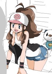 Rule 34 | 1girl, 2others, :d, arm support, baseball cap, black vest, blue eyes, breasts, brown hair, cleavage, cowboy shot, creatures (company), denim, denim shorts, from side, game freak, gen 5 pokemon, hainchu, hat, hilda (pokemon), leaning forward, legs together, long hair, looking at another, multiple others, nintendo, off shoulder, open mouth, oshawott, pokemon, pokemon (creature), ponytail, shirt, short shorts, shorts, sleeveless, small breasts, smile, solo focus, standing, tareme, vest, white background, white shirt, wristband