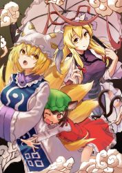 Rule 34 | 3girls, animal hat, blonde hair, bow, brown eyes, brown hair, cat tail, chen, closed mouth, dress, fang, fox tail, green headwear, hair bow, hands in opposite sleeves, hat, hira-san, holding, holding umbrella, long hair, long sleeves, looking at viewer, mob cap, multiple bows, multiple girls, multiple tails, one eye closed, open mouth, red dress, short hair, smile, tabard, tail, touhou, two tails, umbrella, white dress, white headwear, white umbrella, yakumo ran, yakumo yukari, yellow eyes