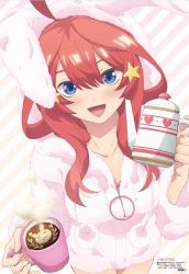 Rule 34 | 1girl, ahoge, animal ears, blue eyes, blush, breasts, coffee, coffee mug, cup, fluffy, from above, go-toubun no hanayome, hair between eyes, hair ornament, highres, hood, hoodie, large breasts, long hair, looking at viewer, mug, nakano itsuki, official art, open mouth, rabbit ears, rabbit girl, red hair, solo, star (symbol), star hair ornament, steam, teapot, thighs