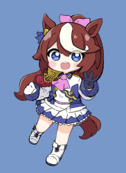 Rule 34 | 1girl, :d, animal ears, asymmetrical gloves, black gloves, blue background, blue eyes, blush stickers, boots, brown hair, chibi, collared jacket, commentary request, epaulettes, full body, gloves, hair between eyes, hair ribbon, highres, horse ears, horse girl, horse tail, jacket, long hair, long sleeves, looking at viewer, mismatched gloves, multicolored hair, nozo (hitomiz), open mouth, pink ribbon, pleated skirt, ponytail, ribbon, simple background, single epaulette, skirt, smile, solo, standing, streaked hair, tail, teeth, tokai teio (umamusume), umamusume, upper teeth only, very long hair, white footwear, white gloves, white hair, white jacket, white skirt