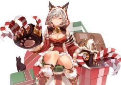 Rule 34 | 10s, 1girl, ;3, absurdres, animal ears, bell, boots, bow, bowtie, box, breasts, bright pupils, cat, claws, cleavage, collar, covered navel, detached sleeves, dress, fang, fang out, frill trim, frills, fur trim, gift, gift box, granblue fantasy, hair between eyes, hana mori, highres, hood, hoodie, jingle bell, large breasts, looking at viewer, one eye closed, panties, pantyshot, pink eyes, red legwear, sen (granblue fantasy), short dress, silver hair, sitting, solo, striped clothes, striped panties, underwear