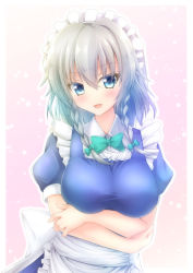 Rule 34 | 1girl, apron, blue dress, blue eyes, blush, bow, bowtie, braid, breast hold, breasts, commentary request, crossed arms, dress, frilled apron, frills, gradient background, green bow, green bowtie, hair between eyes, hair bow, head tilt, highres, izayoi sakuya, large breasts, looking at viewer, maid, maid apron, maid headdress, nullpuni, open mouth, outline, pink background, puffy short sleeves, puffy sleeves, short sleeves, silver hair, smile, solo, touhou, twin braids, upper body, waist apron, white apron, white outline, wing collar