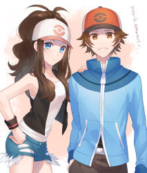 Rule 34 | 1boy, 1girl, antenna hair, baseball cap, blue eyes, blue jacket, blue shorts, breasts, brown eyes, brown hair, brown pants, closed mouth, collarbone, creatures (company), game freak, grin, hand in pocket, hand on another&#039;s shoulder, hat, highres, hilbert (pokemon), hilda (pokemon), jacket, leaning forward, long hair, long sleeves, looking at viewer, medium breasts, mikko (mim mikko), nintendo, pants, poke ball print, pokemon, pokemon bw, print headwear, shirt, short shorts, shorts, sleeveless, sleeveless shirt, smile, torn clothes, torn shorts, very long hair, white headwear, white shirt, wristband