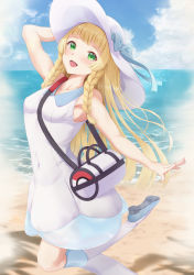 Rule 34 | 1girl, :d, absurdres, bag, bare arms, blonde hair, bow, braid, breasts, cloud, commentary request, covered navel, creatures (company), day, dress, duffel bag, game freak, green eyes, hand on headwear, hat, hat bow, highres, kcc (tanimahimeyuri), kneehighs, leg up, lillie (pokemon), long hair, looking at viewer, md5 mismatch, medium breasts, nintendo, open mouth, outdoors, pokemon, pokemon sm, resolution mismatch, sand, shoes, shore, sky, sleeveless, sleeveless dress, smile, socks, solo, source larger, standing, standing on one leg, twin braids, water, white bag, white dress, white hat, white socks