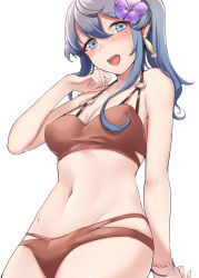 Rule 34 | 1girl, absurdres, bikini, blue eyes, blue hair, blush, breasts, brown bikini, cleavage, collarbone, commentary request, cowboy shot, flower, gotland (kancolle), groin, hair between eyes, hair flower, hair ornament, highres, kantai collection, kiritto, long hair, looking at viewer, mole, mole under eye, navel, open mouth, purple flower, sarong, simple background, smile, solo, swimsuit, white background