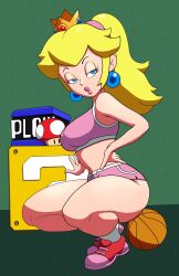 Rule 34 | 1girl, ? block, absurdres, basketball, blonde hair, blue eyes, breasts, colorized, hand on own hip, highres, jigglytoons, large breasts, legs, long hair, looking at viewer, mario (series), mario basketball 3on3, md5 mismatch, midriff, navel, nintendo, parted lips, pink lips, ponytail, pow block, princess, princess peach, resolution mismatch, shorts, sideboob, soubriquetrouge, source smaller, sports bra, squatting, super mushroom, thick thighs, thighs