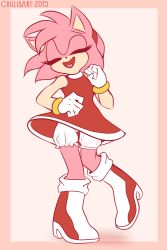 Rule 34 | 1girl, amy rose, animal ears, animal nose, artist name, bare shoulders, bloomers, boots, border, breasts, closed eyes, dancing, dated, dress, female focus, full body, furry, furry female, gloves, hairband, hand up, happy, heart, heart in mouth, high heels, highres, knee boots, knees together feet apart, leg up, open mouth, pink background, pink border, pink hair, red dress, red footwear, red hairband, short hair, simple background, sleeveless, sleeveless dress, small breasts, smile, solo, sonic (series), spacecolonie, standing, standing on one leg, thigh gap, underwear, watermark, white bloomers, white gloves