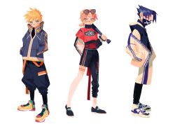 Rule 34 | 1girl, 2boys, adapted costume, alternate hairstyle, asymmetrical pants, asymmetrical sleeves, belt, black footwear, black pants, black socks, black undershirt, blonde hair, blue eyes, blue footwear, blue hair, blue jacket, carrying over shoulder, character name, closed mouth, clothes writing, clothing cutout, covered mouth, crop top, eyewear on head, facial mark, forehead mark, full body, hands in pockets, haruno sakura, hashtag only commentary, highres, jacket, long sleeves, looking at viewer, looking to the side, mask, mouth mask, multicolored footwear, multiple belts, multiple boys, naruto, naruto (series), off shoulder, pants, pants under shorts, pink hair, ponytail, puffy long sleeves, puffy pants, puffy sleeves, red eyes, red shirt, shirt, shoes, shorts, shoulder cutout, simple background, single thighhigh, smile, sneakers, socks, standing, sue kim, sunglasses, t-shirt, thighhighs, uchiha sasuke, uzumaki naruto, whisker markings, white background, white jacket, white shorts, white thighhighs, yellow footwear