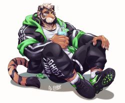 Rule 34 | 1boy, animal ears, bara, beard, bottle, convenient leg, estper, facial hair, furry, furry male, green eyes, headphones, headphones around neck, highres, holding, holding bottle, jacket, knees up, male focus, muscular, muscular male, nike (company), original, pants, pectorals, short hair, sitting, solo, sportswear, tail, tank top, thick eyebrows, tiger boy, tiger ears, tiger stripes, tiger tail, track jacket, track pants, white background, white tank top