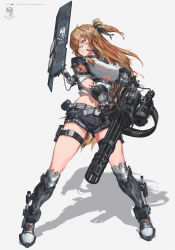 Rule 34 | 1girl, arm tattoo, bandaid, bandaid on face, bandaid on nose, breasts, brown hair, earrings, full body, gatling gun, gloves, green eyes, gun, headset, highres, jewelry, large breasts, long hair, minigun, miv4t, mole, mole under eye, multicolored hair, name tag, original, radio, ribbon, shield, shoes, shorts, side ponytail, solo, tattoo, vest, weapon