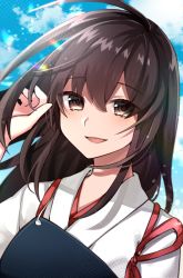 Rule 34 | 1girl, :d, ahoge, bad id, bad pixiv id, blue sky, blush, brown eyes, brown hair, commentary request, day, hand up, highres, japanese clothes, kantai collection, katsuobushi (eba games), kimono, lens flare, long hair, looking at viewer, muneate, open mouth, outdoors, portrait, red ribbon, ribbon, sky, smile, solo, sunlight, white kimono