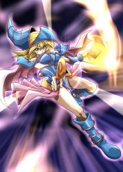 Rule 34 | 1girl, absurdres, bare shoulders, blonde hair, blue footwear, blush stickers, book, boots, breasts, choker, commentary request, dark magician girl, duel monster, energy, fingernails, green eyes, hair between eyes, hat, highres, holding, holding book, holding wand, knees, long hair, looking at viewer, solo, wand, wizard hat, yu-gi-oh!, zeke (analogmon)