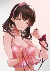 Rule 34 | 1girl, bare shoulders, blue eyes, bow, breasts, brown hair, cleavage, collarbone, crop top, earrings, hair bow, hairband, halterneck, hand up, head tilt, highres, hitaki yuu, holding, holding ribbon, jewelry, looking at viewer, medium breasts, medium hair, parted lips, pink bow, pink hairband, purple ribbon, ribbon, sakuma mayu, simple background, sketch, solo, upper body