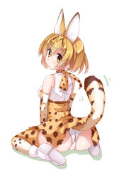 Rule 34 | 10s, 1girl, animal ears, blonde hair, boots, commentary request, elbow gloves, gloves, high-waist skirt, kemono friends, looking at viewer, looking back, motion lines, panties, pantyshot, serval (kemono friends), serval print, serval tail, shadow, shirt, short hair, simple background, sitting, skirt, sleeveless, sleeveless shirt, solo, striped tail, tail, underwear, wariza, white background, white footwear, white panties, yanagi yuu, yellow eyes