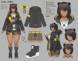 Rule 34 | 1girl, :&lt;, absurdres, animal ears, armband, bear ears, bear tail, belt, black hair, breasts, burger, cellphone, character sheet, commentary, dark-skinned female, dark skin, eating, english commentary, english text, exaxuxer, food, full body, grey background, hair between eyes, hair over one eye, highres, hood, hood down, hooded jacket, jacket, jewelry, kuma cross (exaxuxer), kuu-chan (exaxuxer), large breasts, mole, mole under mouth, multiple views, open clothes, open jacket, original, pendant, phone, plump, print shirt, shirt, shoes, short hair, shorts, smartphone, smile, sneakers, socks, tail, tomboy, typo, yellow belt, yellow eyes