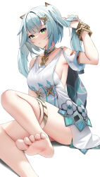 Rule 34 | 1girl, aqua hair, arm up, armpits, bare legs, bare shoulders, barefoot, blush, bracelet, breasts, clothing cutout, commentary, detached sleeves, dress, faruzan (genshin impact), feet, foot out of frame, foot up, genshin impact, green eyes, hair ornament, hand in own hair, highres, holding, holding hair, jewelry, long hair, looking at viewer, medium breasts, neck ring, paid reward available, parted lips, presenting foot, see-through, short sleeves, shoulder cutout, sideboob, sidelocks, simple background, sitting, skai kun, sleeveless, sleeveless dress, soles, solo, symbol-shaped pupils, thighlet, thighs, toes, triangle-shaped pupils, twintails, white background, white dress, x hair ornament