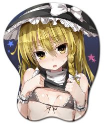 Rule 34 | 1girl, areola slip, bad id, bad twitter id, bare shoulders, black bra, blonde hair, blush, bow, bra, braid, breasts, clothes lift, greatmosu, hair bow, hair ornament, hat, hat ribbon, highres, jpeg artifacts, kirisame marisa, long hair, looking at viewer, mousepad, mousepad (object), open mouth, ribbon, shirt, shirt lift, side braid, simple background, single braid, sleeveless, small breasts, solo, star-shaped pupils, star (symbol), sweatdrop, symbol-shaped pupils, touhou, turtleneck, underwear, upper body, witch hat, wrist cuffs, yellow eyes