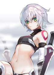 Rule 34 | 1girl, armpit peek, blurry, dagger, depth of field, fate/apocrypha, fate (series), flat chest, fog, green eyes, highres, jack the ripper (fate/apocrypha), knife, looking at viewer, navel, patch, short hair, silver hair, sin (btc86amme), solo, weapon