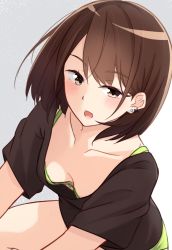 Rule 34 | 1girl, blush, bob cut, bra, breasts, brown eyes, brown hair, brown shirt, collarbone, commentary request, downblouse, ear piercing, earrings, extended downblouse, green bra, green panties, hair between eyes, highres, jewelry, kapatarou, looking at viewer, open mouth, original, panties, piercing, revision, shirt, short sleeves, sitting, small breasts, solo, stud earrings, underwear