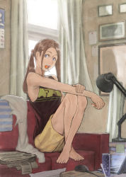 Rule 34 | 1girl, bad id, bad pixiv id, barefoot, blue eyes, brown hair, can, computer, couch, crossed legs, curtains, feet on chair, food, hair bobbles, hair ornament, indoors, laptop, legs, legs folded, long hair, looking away, looking to the side, mouse (computer), mouth hold, naro0427, newspaper, original, ponytail, popsicle, red upholstery, shorts, sitting, solo, window