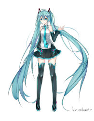 Rule 34 | 1girl, absurdres, ahoge, aqua eyes, aqua hair, aqua necktie, artist name, bare shoulders, black footwear, black skirt, black sleeves, black thighhighs, chinese clothes, commentary, detached sleeves, full body, grey shirt, hair ornament, hand up, hatsune miku, hatsune miku (vocaloid4) (chinese), highres, long hair, mikuning, necktie, shirt, shoulder tattoo, skirt, sleeveless, sleeveless shirt, solo, tassel, tattoo, thighhighs, tie clip, twintails, very long hair, vocaloid, white background, zettai ryouiki