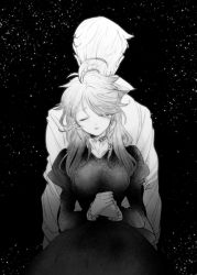 Rule 34 | 1boy, 1girl, back-to-back, black background, braid, dress, emma (yakusoku no neverland), closed eyes, greyscale, juliet sleeves, long sleeves, monochrome, neck tattoo, ni-si (nisi kun), norman (yakusoku no neverland), number tattoo, aged up, own hands together, parted lips, puffy sleeves, short hair, simple background, single braid, tattoo, yakusoku no neverland