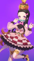 Rule 34 | 1girl, ascot, bad id, bad pixiv id, black ascot, black hair, blush, boots, bouhouji, bow, brown footwear, brown hair, brown hat, checkered clothes, checkered skirt, claw pose, clothing cutout, commentary request, fingernails, forehead, garter straps, gradient hair, hair bow, hands up, hat, highres, kamado nezuko, kimetsu no yaiba, long fingernails, long hair, long sleeves, looking at viewer, mini hat, mini top hat, mouth hold, multicolored hair, nail polish, pink bow, pink shirt, puffy long sleeves, puffy sleeves, pumpkin hat, purple background, purple eyes, red nails, see-through, see-through sleeves, sharp fingernails, shirt, shoulder cutout, skirt, solo, standing, standing on one leg, striped clothes, striped thighhighs, thighhighs, top hat, vertical-striped clothes, vertical-striped thighhighs, very long hair