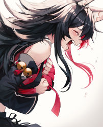 Rule 34 | 1girl, animal ear fluff, animal ears, bare shoulders, bell, black hair, blush, closed eyes, commentary request, crying, detached sleeves, fangs, from side, hands on own chest, highres, hololive, jingle bell, long hair, long sleeves, multicolored hair, myung yi, ookami mio, ookami mio (1st costume), open mouth, profile, red hair, simple background, solo, streaming tears, tears, two-tone hair, upper body, virtual youtuber, white background, wolf ears