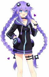 Rule 34 | 1girl, absurdres, adult neptune, adult neptune (cosplay), black choker, blue eyes, blush, bracelet, braid, caro-xy, choker, cosplay, hair ornament, heart, highres, hood, hood down, hooded jacket, huge filesize, jacket, jewelry, long hair, looking at viewer, neptune (series), open mouth, power symbol, power symbol-shaped pupils, purple hair, purple heart (neptunia), shin jigen game neptune vii, short hair, sidelocks, simple background, smile, solo, symbol-shaped pupils, thigh strap, twin braids, very long hair, white background