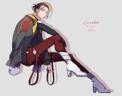 Rule 34 | 1boy, bad id, bad pixiv id, bisharp, character name, cigarette, creatures (company), ear piercing, earrings, eyebrow piercing, game freak, gen 5 pokemon, high heels, highres, invisible chair, jacket, jacket on shoulders, jewelry, long sleeves, male focus, multicolored hair, nintendo, pants, personification, piercing, pokedex number, pokemon, red hair, red pants, ring, saikachimushi, simple background, sitting, solo, thigh strap, white footwear