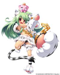 Rule 34 | 1girl, absurdres, animal ears, animal hands, animal print, anklet, black panties, cameltoe, cat ears, cat tail, chain, earrings, fang, full body, gloves, green hair, highres, jewelry, koihime musou, kuwada yuuki, long hair, moukaku, navel, official art, panties, paw gloves, paw shoes, pointing, polearm, red eyes, shoes, smile, solo, tail, tiger ears, tiger print, transparent background, underwear, weapon