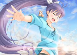 Rule 34 | 1girl, black hair, blue eyes, blush, cloud, day, earrings, fang, ganaha hibiki, hair ribbon, hoop earrings, idolmaster, idolmaster (classic), jewelry, lens flare, long hair, looking at viewer, miri (ago550421), one eye closed, open mouth, outstretched arms, ponytail, ribbon, sky, solo, sparkle, spread arms, upper body, very long hair
