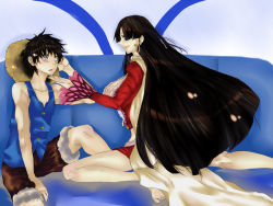 Rule 34 | 1boy, 1girl, black hair, blue upholstery, blush, boa hancock, breasts, cleavage, couch, image sample, impel down, large breasts, long hair, mikan (tripletriple), monkey d. luffy, one piece, open mouth, pixiv sample, resized, sitting, smile, vest