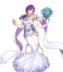 Rule 34 | 1girl, bare shoulders, blue flower, blue rose, bouquet, breasts, detached collar, detached sleeves, dress, feather trim, female focus, fire emblem, fire emblem: the binding blade, fire emblem heroes, flower, full body, hair ornament, highres, holding, holding bouquet, juno (fire emblem), long hair, long skirt, low ponytail, matching hair/eyes, medium breasts, nintendo, official art, open mouth, purple eyes, purple hair, rose, skirt, smile, solo, strapless, strapless dress, transparent background, uroko (mnr), wedding dress, white dress