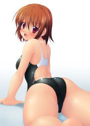 Rule 34 | 1girl, arm support, ass, back, bare arms, bare shoulders, blush, breasts, brown hair, competition swimsuit, from behind, hair between eyes, ishii akira, looking at viewer, looking back, lying, medium breasts, on stomach, one-piece swimsuit, open mouth, original, red eyes, short hair, simple background, solo, swimsuit