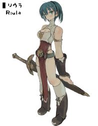 Rule 34 | 1girl, bare shoulders, blue hair, boots, bracer, breasts, character name, cleavage, closed mouth, ebimomo, full body, hairband, highres, holding, holding sword, holding weapon, large breasts, looking at viewer, pelvic curtain, scabbard, sheath, sheathed, short hair, simple background, solo, standing, stones of dragon, sword, weapon, white background