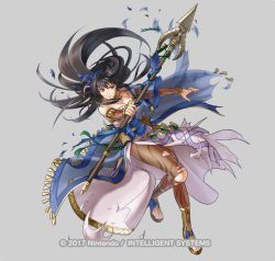 Rule 34 | bare shoulders, black eyes, black hair, breasts, choker, detached sleeves, fire emblem, fire emblem: the blazing blade, fire emblem heroes, full body, hair ornament, high heels, holding, holding polearm, holding weapon, jewelry, karla (fire emblem), kita senri, large breasts, long hair, looking at viewer, nintendo, official alternate costume, official art, pantyhose, polearm, solo, toeless footwear, toeless legwear, torn clothes, torn pantyhose, weapon