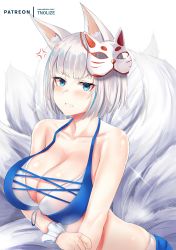 Rule 34 | 1girl, absurdres, anger vein, animal ear fluff, animal ears, azur lane, bikini, blue bikini, blue eyes, blush, breasts, cleavage, clenched teeth, collarbone, eyeshadow, fox ears, fox mask, fox tail, highres, kaga (azur lane), kaga (everlasting killing stone) (azur lane), large breasts, looking at viewer, makeup, mask, mask on head, multiple tails, parted lips, patreon username, short hair, solo, swimsuit, tail, teeth, tnolize, white hair