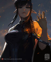 Rule 34 | 1girl, arm at side, backlighting, black dress, black hair, bracelet, breasts, closed mouth, dress, fire, gold trim, hand up, highres, jewelry, kan liu (666k), large breasts, long hair, looking at viewer, original, patreon username, pointy ears, pyrokinesis, robe, seal impression, sidelocks, signature, solo, upper body, white robe, wide sleeves