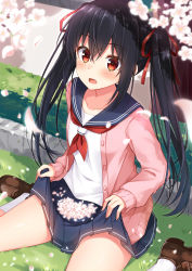 Rule 34 | 1girl, :o, black hair, blue sailor collar, blue skirt, blurry, blurry background, blurry foreground, blush, brown footwear, buttons, cardigan, cherry blossoms, commentary request, day, depth of field, flower, grass, hair between eyes, hair ribbon, highres, komori kuzuyu, loafers, long hair, long sleeves, looking at viewer, miniskirt, moe2019, neckerchief, open cardigan, open clothes, open mouth, original, outdoors, petals, pink cardigan, pleated skirt, red eyes, red neckerchief, red ribbon, ribbon, sailor collar, school uniform, serafuku, shirt, shoes, sidelocks, sitting, skirt, skirt hold, sleeves past wrists, socks, solo, sunlight, thighs, tree shade, twintails, wariza, white flower, white shirt, white socks
