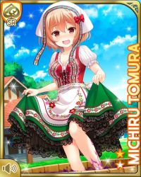 Rule 34 | 1girl, alcohol, bow, breasts, brown eyes, brown hair, card (medium), day, dress, european clothes, girlfriend (kari), green dress, official art, open mouth, outdoors, qp:flapper, red bow, short hair, smile, solo, tagme, tomura michiru, white headdress, wine, wooden bathtub
