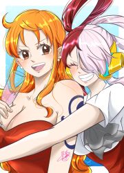 Rule 34 | 2girls, bare shoulders, blush, border, breasts, cleavage, closed eyes, collarbone, commentary request, cup, dress, drinking glass, earrings, grin, hair over one eye, hair rings, headphones, highres, holding, holding cup, hug, hug from behind, jewelry, large breasts, long hair, multicolored hair, multiple girls, nami (one piece), one piece, one piece film: red, open mouth, orange eyes, orange hair, outside border, pearl earrings, red dress, red hair, red skirt, shirt, short sleeves, shoulder tattoo, signature, single sidelock, skirt, smile, strapless, strapless dress, syoko 346, tattoo, teeth, two-tone hair, upper body, upper teeth only, uta (one piece), wavy hair, white border, white hair, white shirt