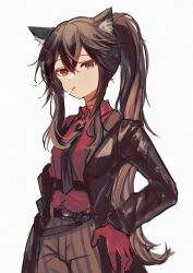 Rule 34 | 1girl, absurdres, animal ear fluff, animal ears, arknights, belt, black coat, black hair, black necktie, cigarette, coat, collared shirt, cowboy shot, fa2 (etu831), gloves, hand on own hip, highres, long hair, long sleeves, looking at viewer, mouth hold, necktie, official alternate costume, open clothes, open coat, ponytail, red eyes, red gloves, red shirt, shirt, sidelocks, simple background, smoke, smoking, solo, texas (arknights), texas (willpower) (arknights), white background, wolf ears