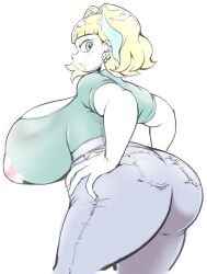 Rule 34 | 1girl, ass, blonde hair, blue eyes, blue hair, breasts, cleavage, cocco (cocco1192), covered erect nipples, denim, disney, ear piercing, earrings, eyelashes, female focus, freckles, highres, huge ass, huge breasts, jackie lynn thomas, jewelry, looking at viewer, multicolored hair, pants, piercing, see-through, short hair, solo, standing, star vs the forces of evil, thick thighs, thighs, two-tone hair