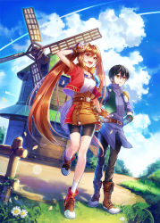 Rule 34 | 1boy, 1girl, armor, belt, bike shorts, black hair, boots, breasts, brown hair, cloud, cloudy sky, collared shirt, cross-laced footwear, day, eiyuu densetsu, estelle bright, fence, fingerless gloves, flower, full body, gloves, grass, holding hands, hand on own hip, hasumikaoru, jacket, joshua bright, leather, leather gloves, long hair, medium breasts, miniskirt, open mouth, orange eyes, pants, red eyes, shirt, shoes, short hair, short sleeves, shorts, shorts under skirt, shoulder armor, skirt, sky, smile, socks, sora no kiseki, standing, twintails, windmill, wooden fence