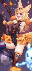 Rule 34 | 1girl, absurdres, animal ears, armpits, blonde hair, candy, elbow gloves, facial mark, food, fox ears, fox girl, fox tail, frilled skirt, frills, ghost, gloves, halloween, halloween costume, heart, heart-shaped pupils, highres, hololive, jack-o&#039;-lantern, long hair, looking at viewer, multicolored hair, omaru polka, onigiri-kun (demmy), open mouth, pumpkin, purple eyes, skeleton, skin tight, skindentation, skirt, smile, solo, streaked hair, symbol-shaped pupils, tail, thighhighs, virtual youtuber, wrist cuffs